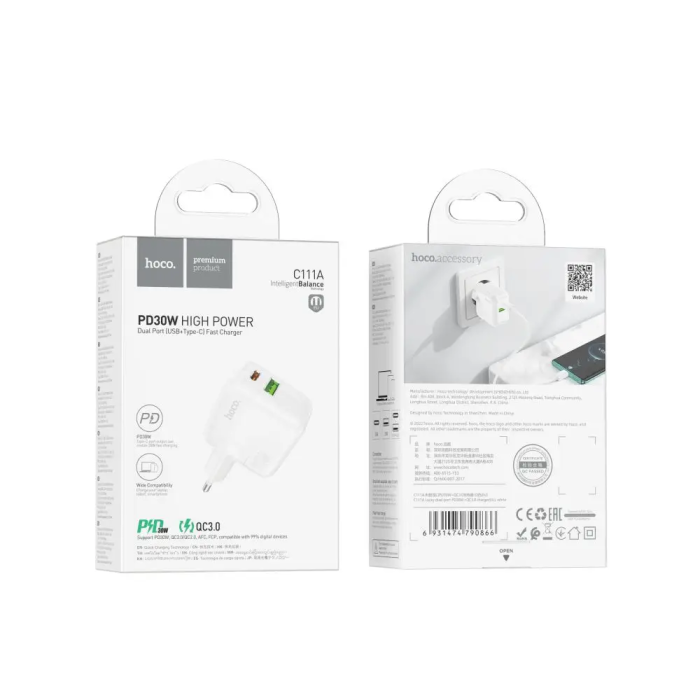 Мережевий зарядний пристрій HOCO C111A Lucky dual-port PD30W+QC3.0 charger White (6931474790866)