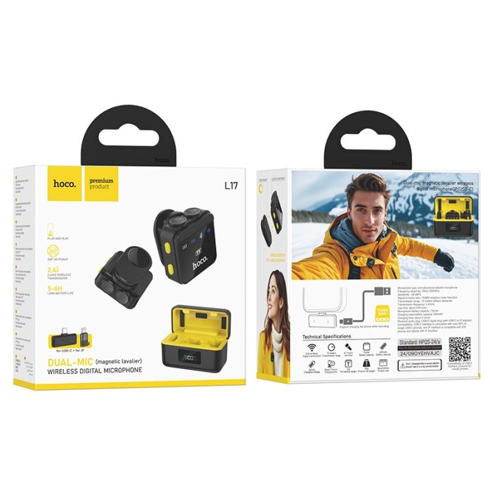 Бездротова мікрофонна система HOCO L17 magnetic dual-mic (iP/Type-C) Black (6942007645997)