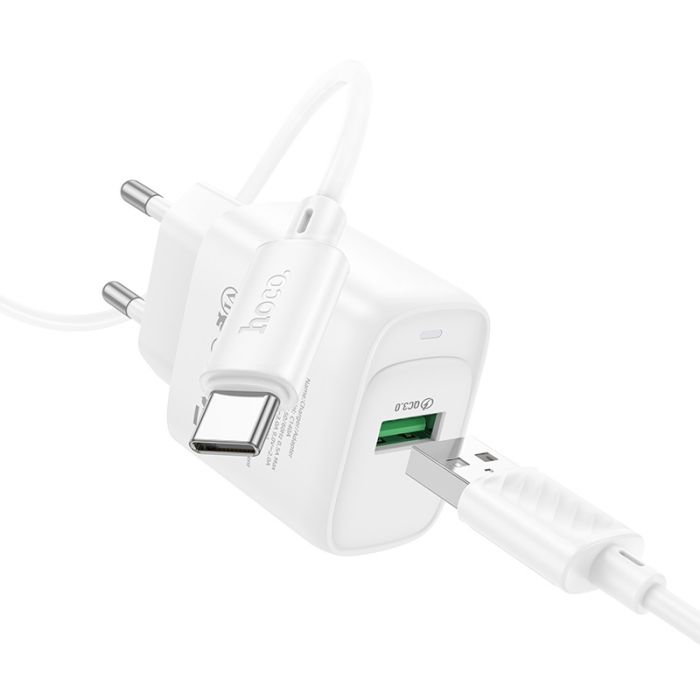 Мережевий зарядний пристрій з кабелем HOCO C140A Smart single port QC3.0 charger set (Type-C)(EU) White (6942007627832)