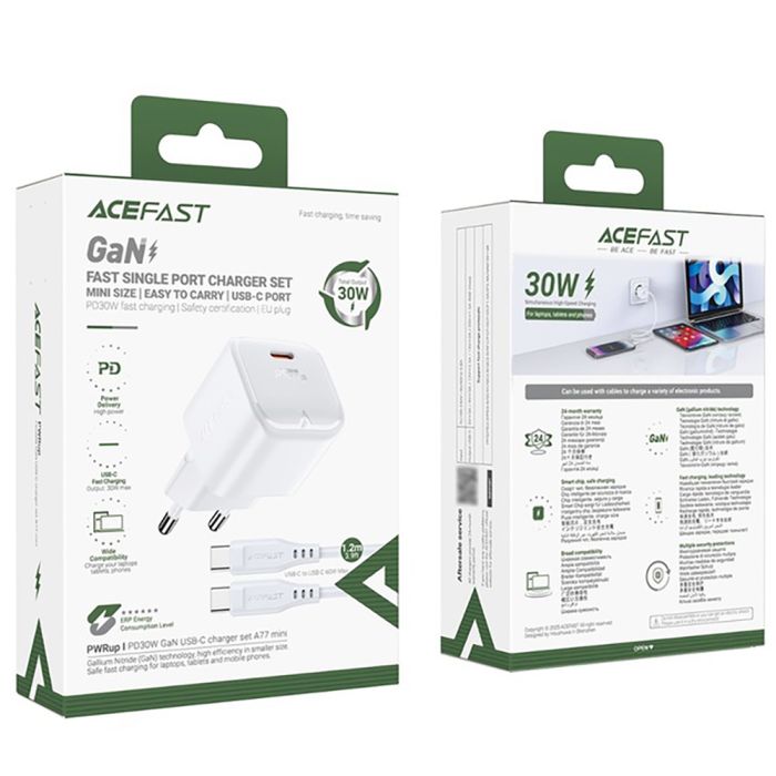 Мережевий зарядний пристрій з кабелем ACEFAST A77 mini PD30W GaN single USB-C charger set (C3-03) White (6974316282853)