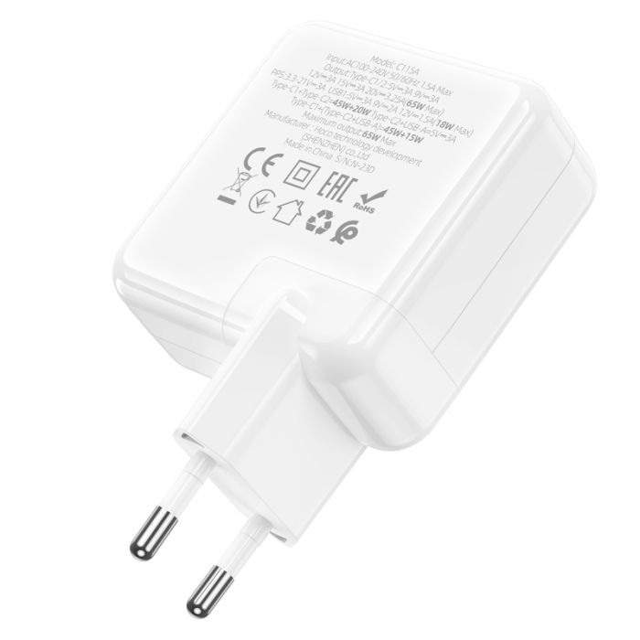Мережевий зарядний пристрій HOCO C115A Header PD65W  GaN three-port(2C1A) charger White (6931474798312)