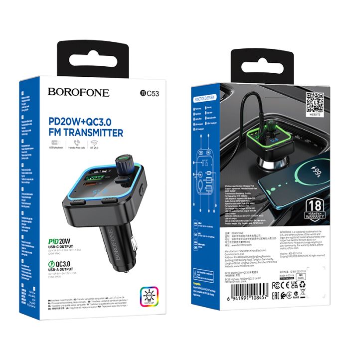 АЗП з FM-модулятором BOROFONE BC53 Highway PD20W+QC3.0 car BT FM transmitter 18W Black (6941991108457)