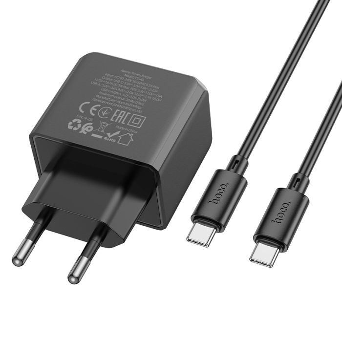 Мережевий зарядний пристрій з кабелем HOCO CS14A Ocean PD20W+QC3.0 charger set(Type-C to Type-C) Black (6942007603911)