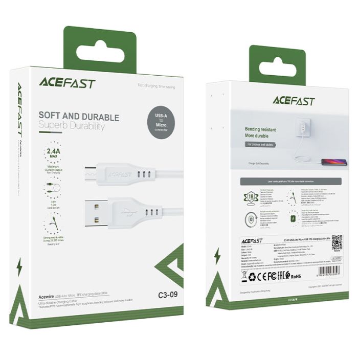Кабель ACEFAST C3-09 USB to Micro 2,4A, 1.2m, TPE, TPE connectors, White (6974316280897)