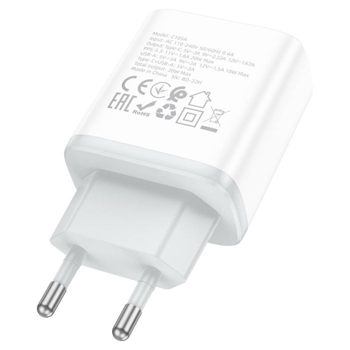 Мережевий зарядний пристрій HOCO C105A Stage dual port PD20W+QC3.0 charger White (6931474782946)
