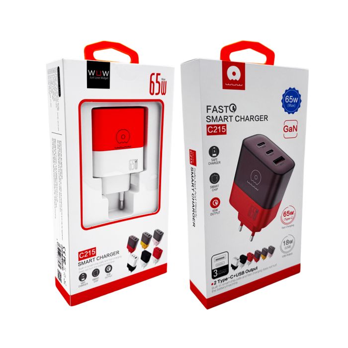 Мережевий зарядний пристрій WUW-C215 65W Charger 2 USB C + USB A white black (C215)
