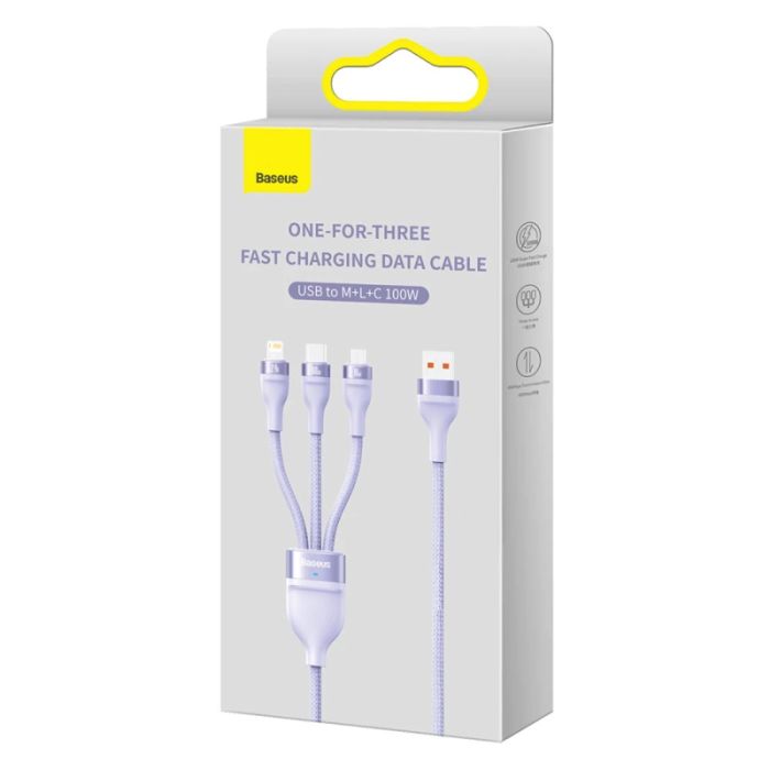 Кабель Baseus Flash Series Ⅱ One-for-three Fast Charging Data Cable USB to M+L+C 100W 1.2m Purple (CASS030005)