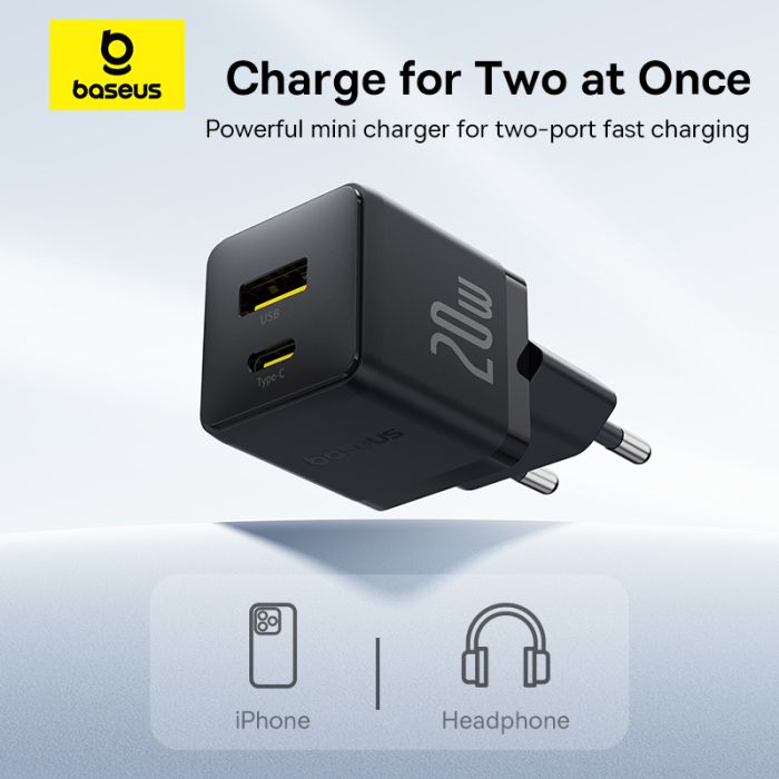 Мережевий зарядний пристрій Baseus Palm Fast Charger C+U 20W EU Cluster Black (with Baseus Mini White Cable USB-C to USB-C 60W (20V/3A) 1m Cluster Bla (P10111608113-01)