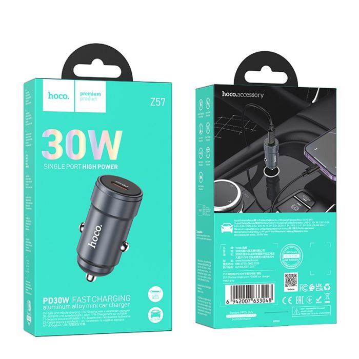 Автомобільний зарядний пристрій HOCO Z57 Glorious single-port PD30W car charger Metal Gray (6942007633048)