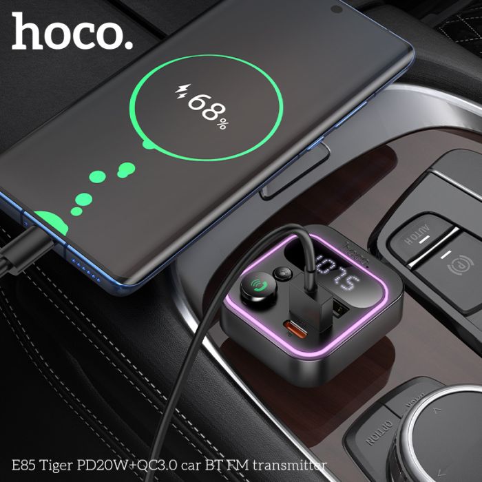 АЗП з FM-модулятором HOCO E85 Tiger PD20W+QC3.0 car BT FM transmitter Black (6942007634304)