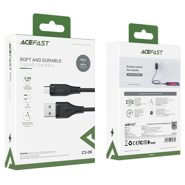 Кабель ACEFAST C3-09 USB to Micro 2,4A, 1.2m, TPE, TPE connectors, Black (6974316280880)