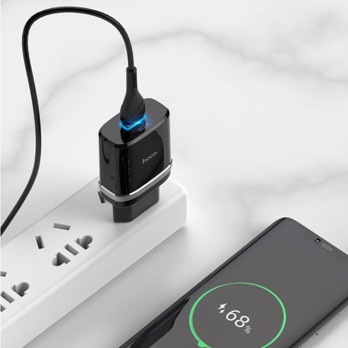 Мережевий зарядний пристрій з кабелем HOCO C12Q Smart QC3.0 charger set(Type-C) 18W Black (6931474716293)