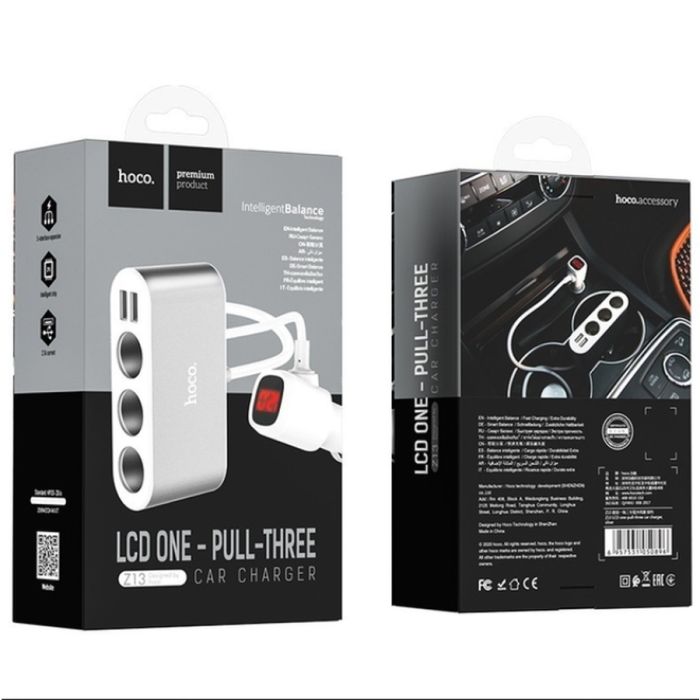 Автомобільний зарядний пристрій HOCO Z13 LCD one-pull-three car charger Silver (6957531050896)