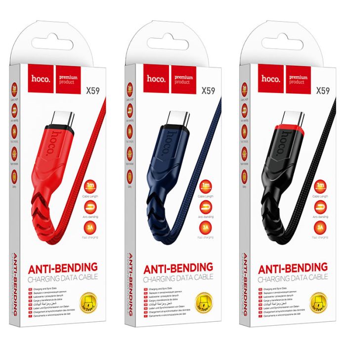 Кабель HOCO X59 USB to Type-C 3A, 1m, nylon, TPE connectors, Blue (6931474744944)