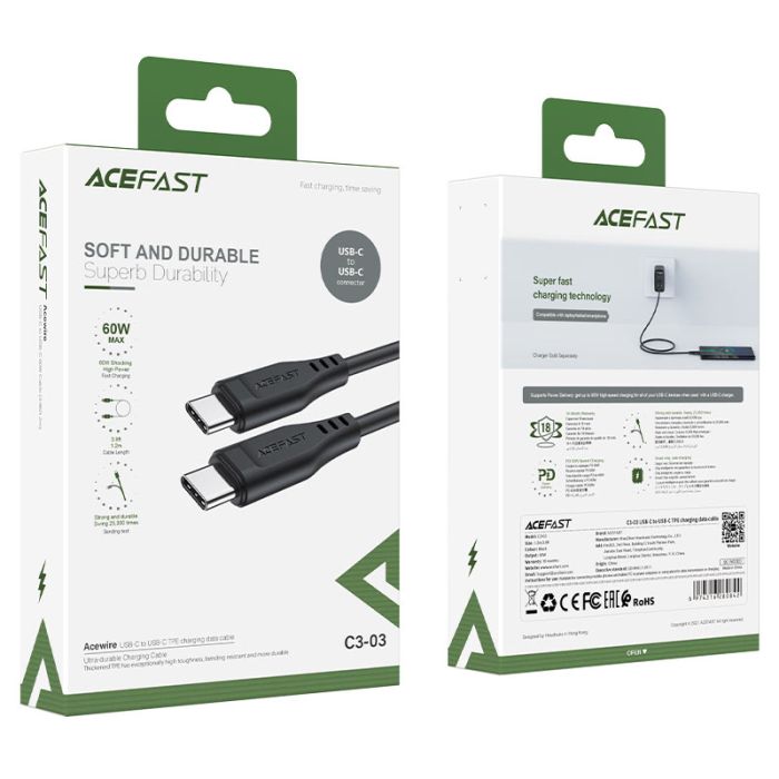 Кабель ACEFAST C3-03 Type-C to Type-C 3A, 60W, 1.2m, TPE, TPE connectors, Black (6974316280842)