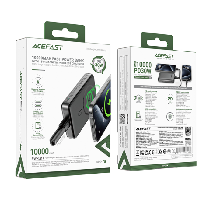 Зовнішній акумулятор ACEFAST M10-10000 PD30W magnetic wireless charging power bank with cable Black (6974316283300)
