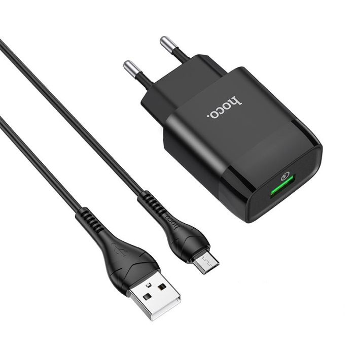 Мережевий зарядний пристрій з кабелем HOCO C72Q Glorious single port QC3.0 charger set(Micro) 18W Black (6931474732521)