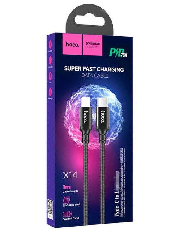 Кабель HOCO X14 Type-C to iP 3A, 20W, 1m, nylon, aluminum connectors, Black (6931474752192)