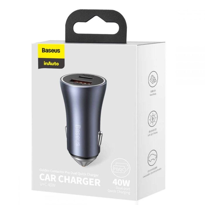 Автомобільний зарядний пристрій Baseus Golden Contactor Pro Dual Quick Charger Car Charger U+C 40W Dark Gray (CCJD-0G)