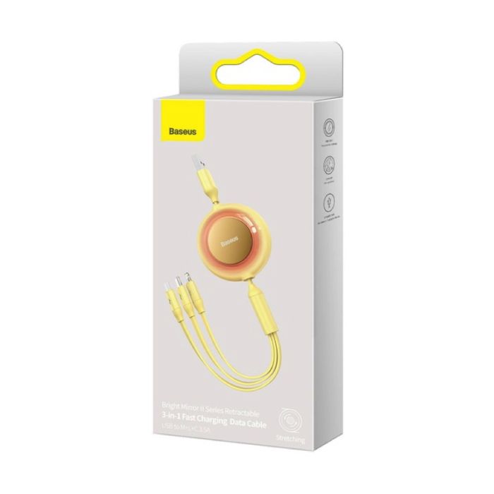 Кабель Baseus Bright Mirror 2 Series Retractable 3-in-1 Fast Charging  Data Cable USB to M+L+C 3.5A 1.1m yellow (CAMJ010011)