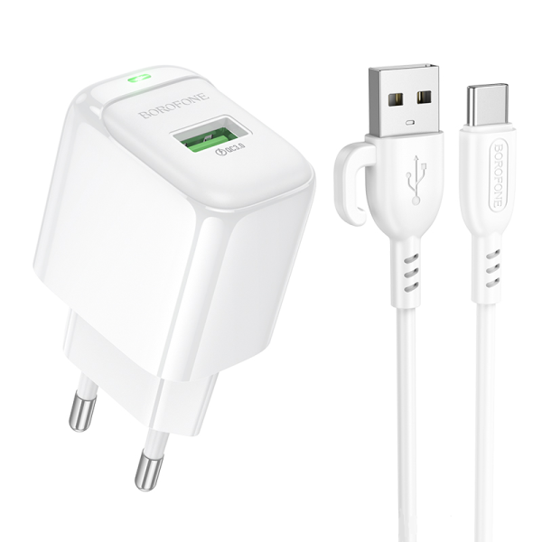 Мережевий зарядний пристрій з кабелем BOROFONE BAS42A Potential single-port QC3.0 charger set(Type-C) 18W White (6941991113802)