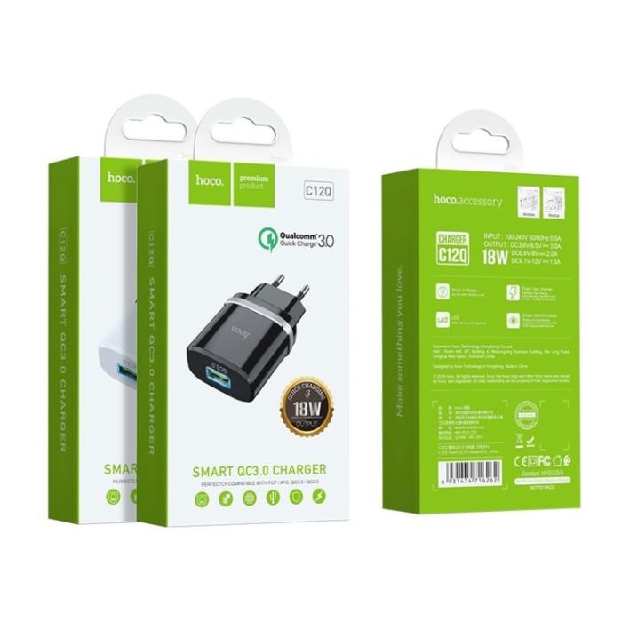 Мережевий зарядний пристрій HOCO C12Q Smart QC3.0 charger 18W Black (6931474716255)