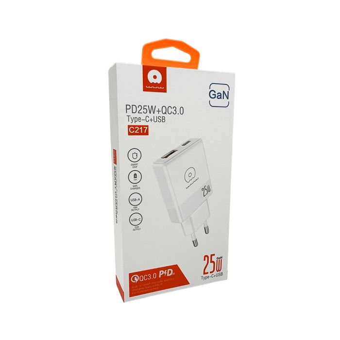 Мережевий зарядний пристрій WUW-C217 PD 25W USB A + Type-C white (C217)