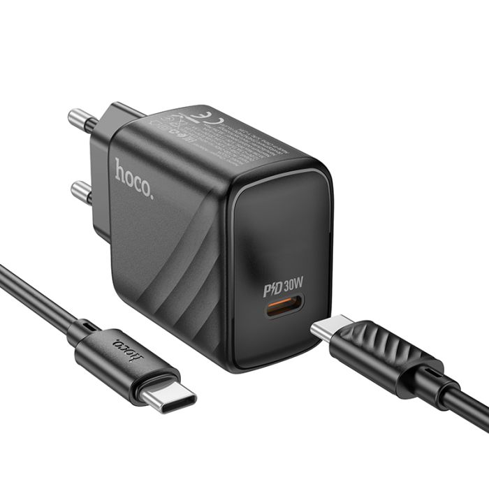 Мережевий зарядний пристрій з кабелем HOCO CS22A Value single port PD30W charger set(Type-C to Type-C) Black (6942007609937)