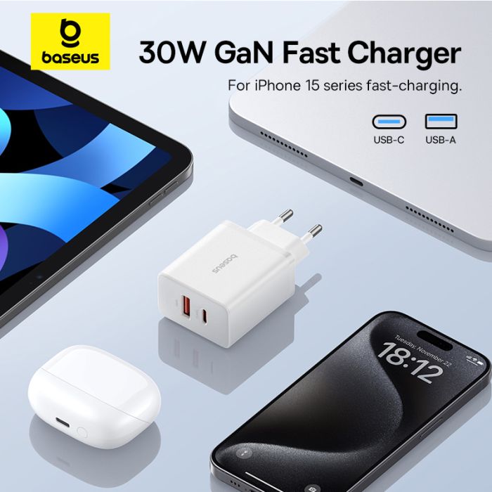Мережевий зарядний пристрій Baseus Cube Fast Charger C+U 30W EU Moon White (P10111404213-00)