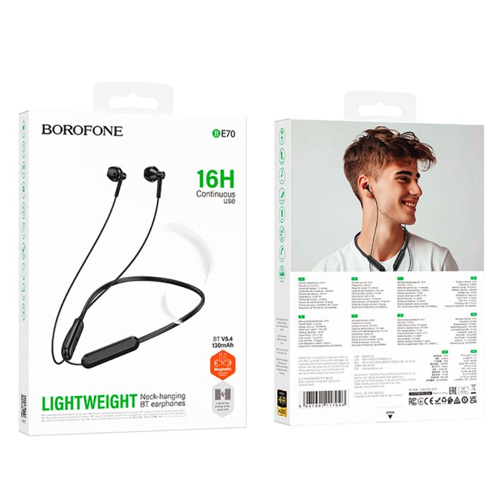 Бездротові спортивні навушники BOROFONE BE70 Light neck-hanging BT earphones obsidian black (6941991117046)