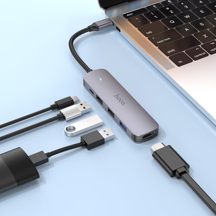USB-хаб HOCO HB27 Type-C multi-function converter(HDTV+USB3.0+USB2.0*2+PD) Metal Gray (6931474769329)