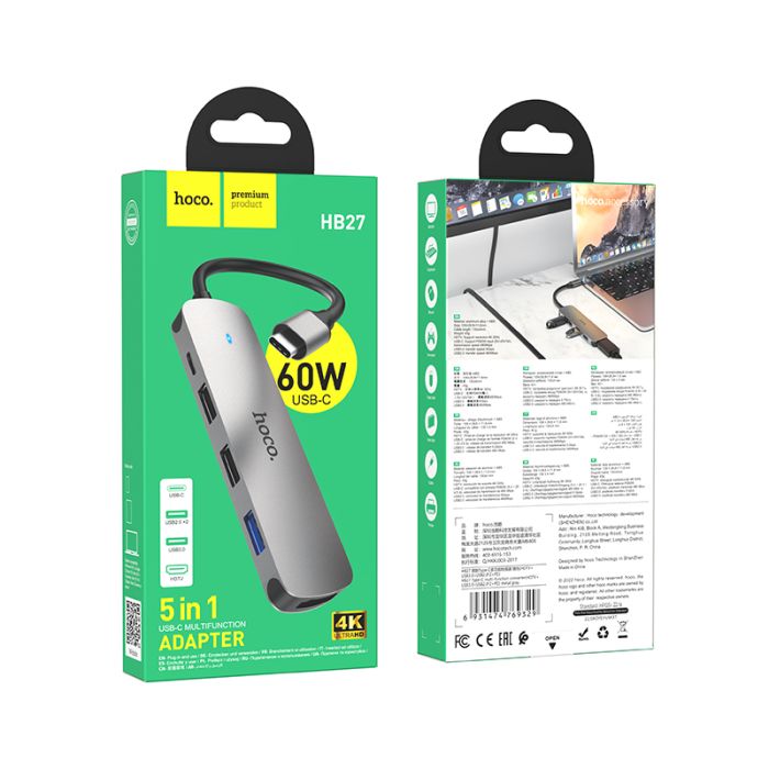 USB-хаб HOCO HB27 Type-C multi-function converter(HDTV+USB3.0+USB2.0*2+PD) Metal Gray (6931474769329)