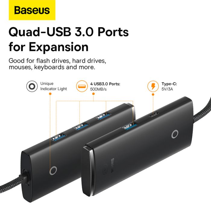 USB-хаб Baseus Lite Series 4-Port Type-C HUB Adapter (Type-C to USB 3.0*4) 25cm Black (WKQX030301)