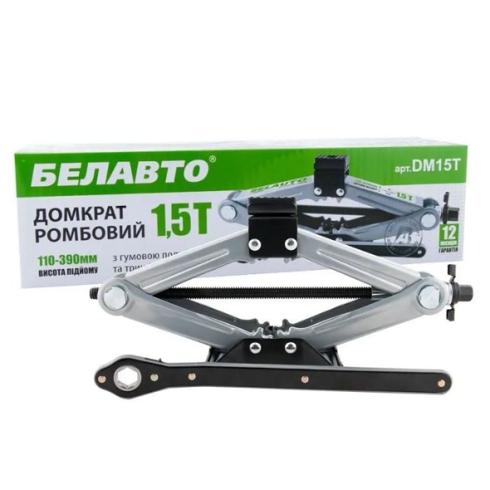 Ромбовый домкрат BELAUTO 1.5 тонны с трещоткой и резиновой подушкой 110-390 мм (DM15T)
