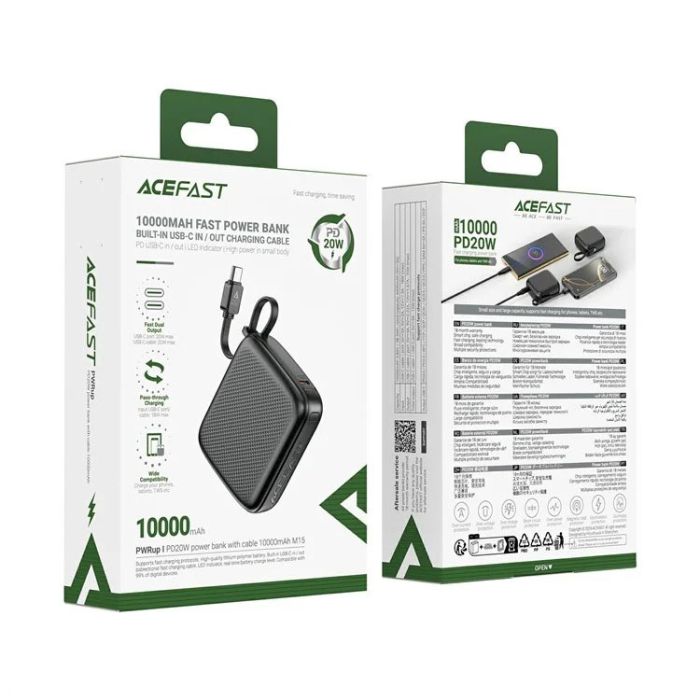 Зовнішній акумулятор ACEFAST M15-10000 PD20W power bank with cable Black (6974316283973)