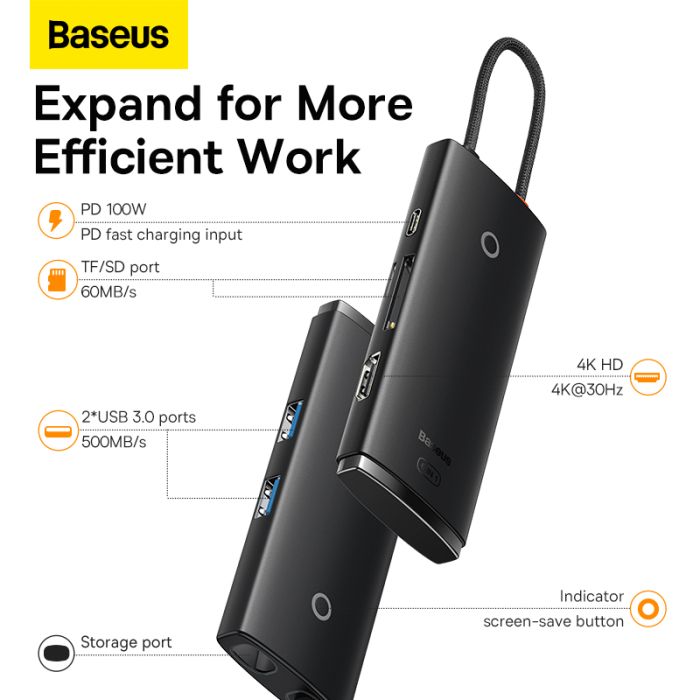USB-хаб Baseus Lite Series 6-Port Type-C HUB Docking Station (Type-C to HDMI+USB3.0*2+PD+SD/TF) Black (WKQX050101)