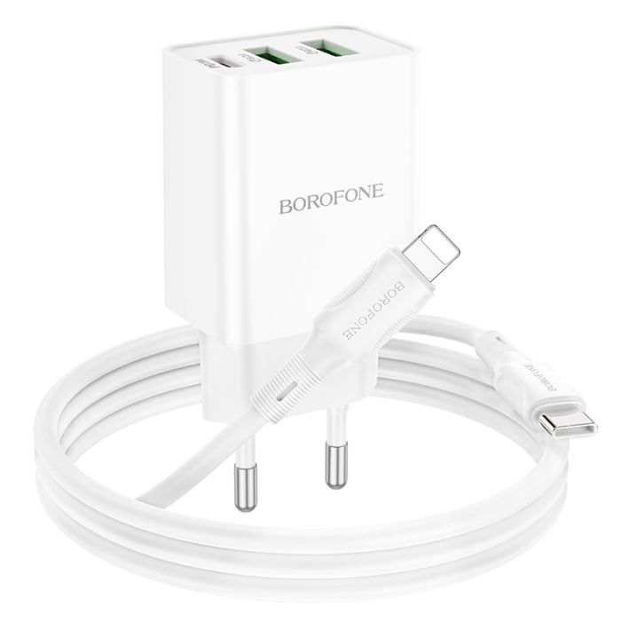 Мережевий зарядний пристрій з кабелем BOROFONE BA70A Quick three-port PD20W(1C2A) charger set(C to iP) White (6941991101410)