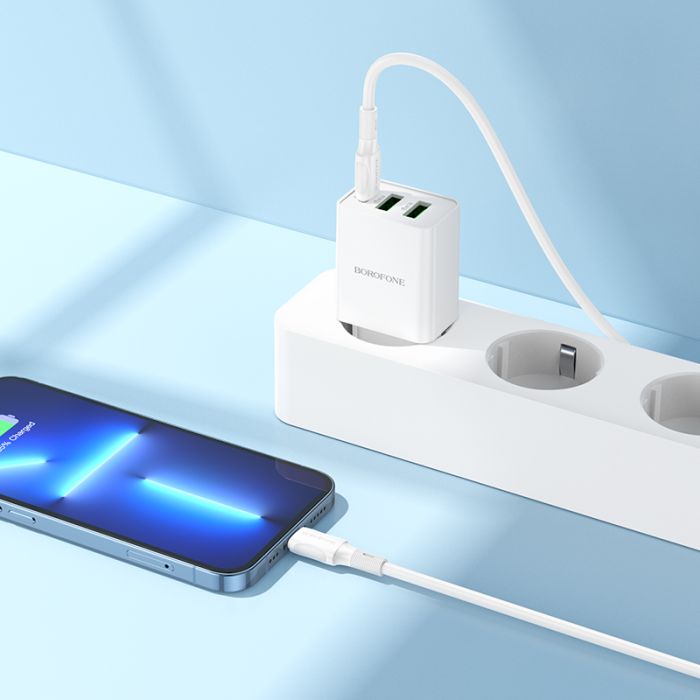 Мережевий зарядний пристрій з кабелем BOROFONE BA70A Quick three-port PD20W(1C2A) charger set(C to iP) White (6941991101410)