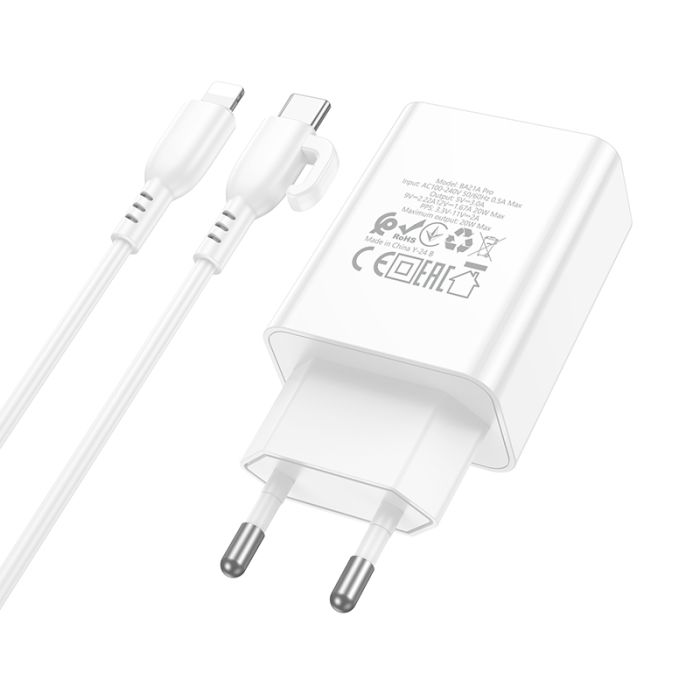 Мережевий зарядний пристрій з кабелем BOROFONE BA21A Pro Long journey single port PD20W charger set(C to iP) White (6941991111419)