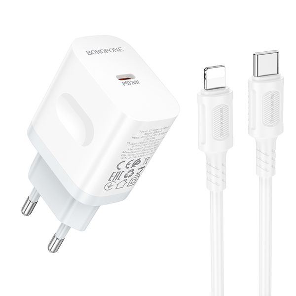 Мережевий зарядний пристрій з кабелем BOROFONE BA99A Breeze single port PD20W charger set(C to iP) White (6941991121364)
