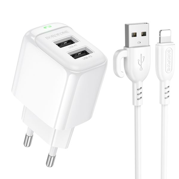 Мережевий зарядний пристрій з кабелем BOROFONE BAS41A Potential dual-port charger set(iP) White (6941991113758)