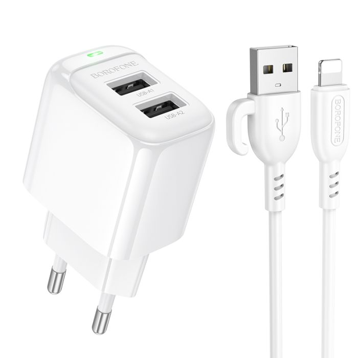 Мережевий зарядний пристрій з кабелем BOROFONE BAS41A Potential dual-port charger set(iP) White (6941991113758)