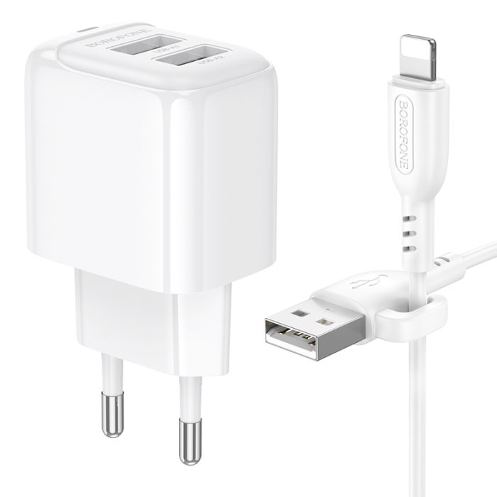 Мережевий зарядний пристрій з кабелем BOROFONE BAS41A Potential dual-port charger set(iP) White (6941991113758)