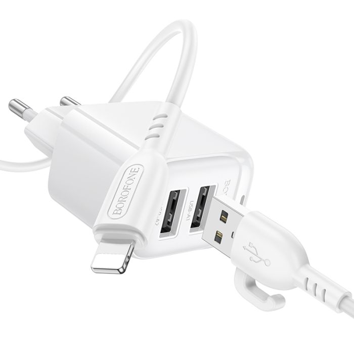 Мережевий зарядний пристрій з кабелем BOROFONE BAS41A Potential dual-port charger set(iP) White (6941991113758)