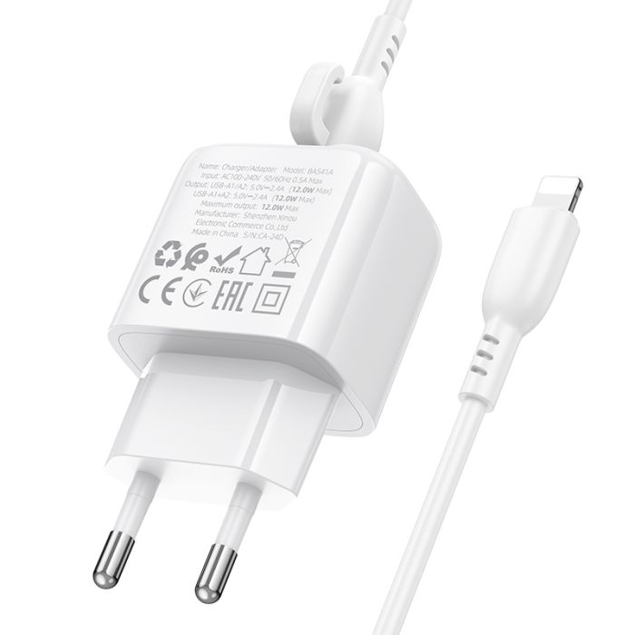 Мережевий зарядний пристрій з кабелем BOROFONE BAS41A Potential dual-port charger set(iP) White (6941991113758)