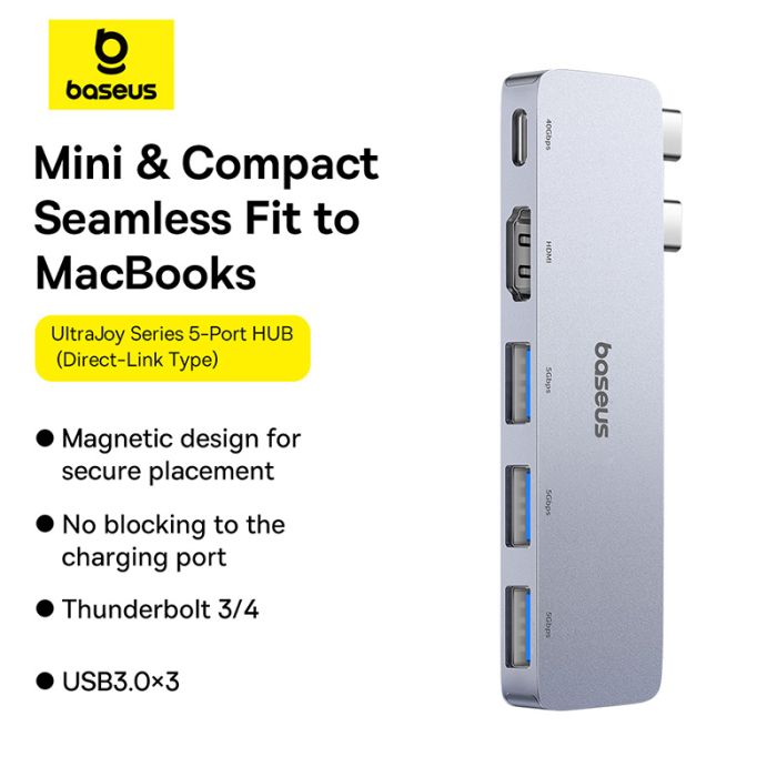USB-хаб Baseus UltraJoy Series 5-Port HUB Space Grey (USB-C*2 to USB-C 40Gbps*1+HDMI 4K@30Hz*1+USB3.0*3） (B00052801811-04)