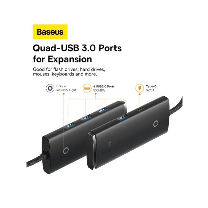 USB-хаб Baseus Lite Series 4-Port Type-C HUB Adapter (Type-C to USB 3.0*4 ) 1m Black (WKQX030401)