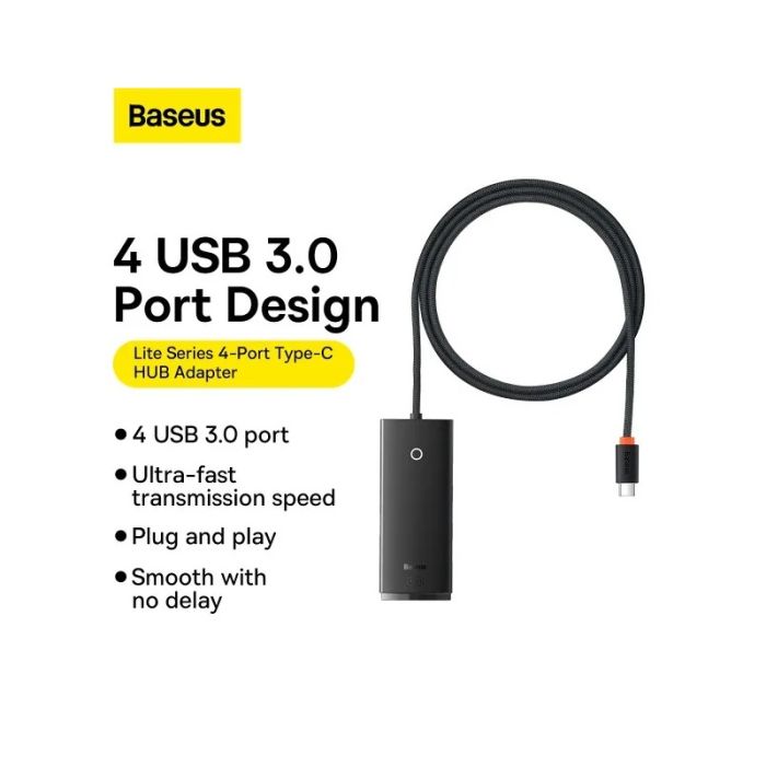 USB-хаб Baseus Lite Series 4-Port Type-C HUB Adapter (Type-C to USB 3.0*4 ) 1m Black (WKQX030401)