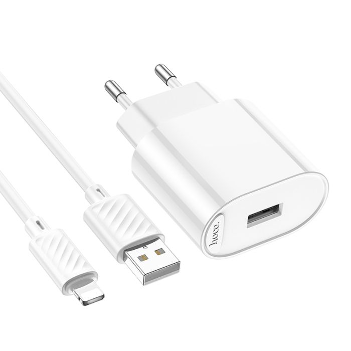 Мережевий зарядний пристрій з кабелем HOCO C109A(10.5W) Fighter single port charger set(iP) White (6942007656597)