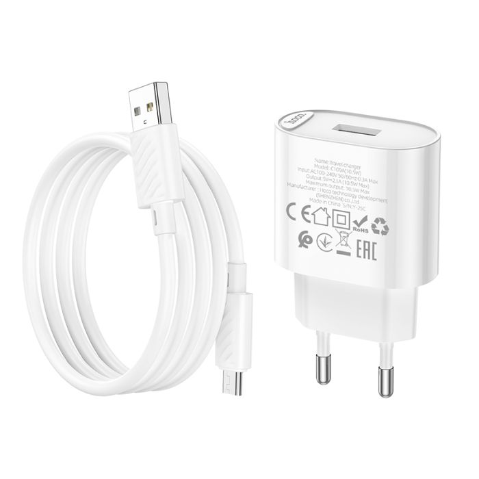 Мережевий зарядний пристрій з кабелем HOCO C109A(10.5W) Fighter single port charger set(Micro) White (6942007656603)